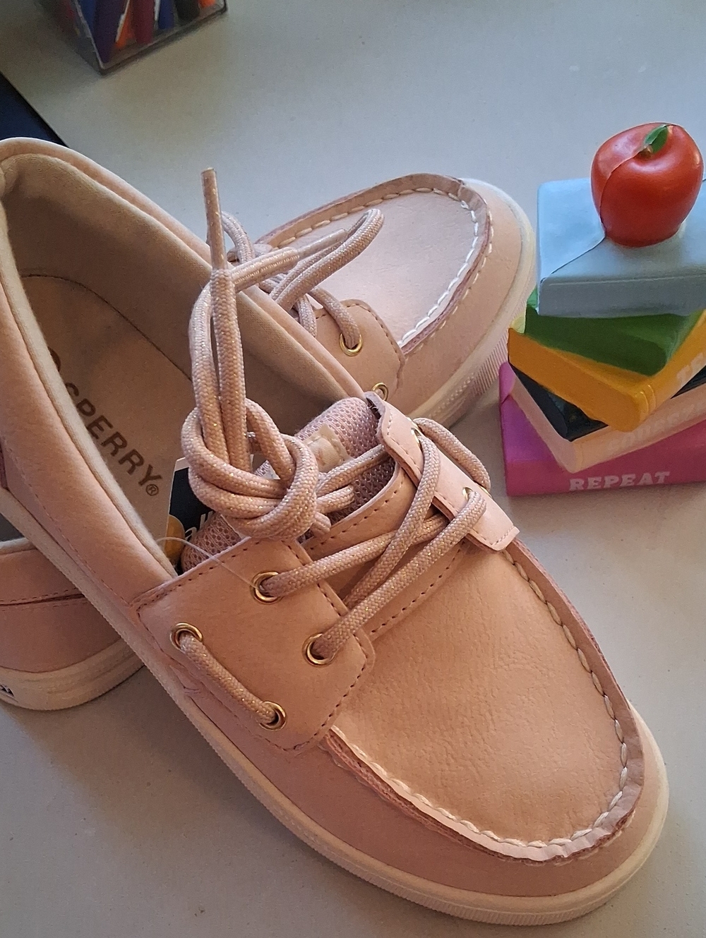 Walking To School With Sperry Kids Blush Pink Boat Sneakers Size 3M.